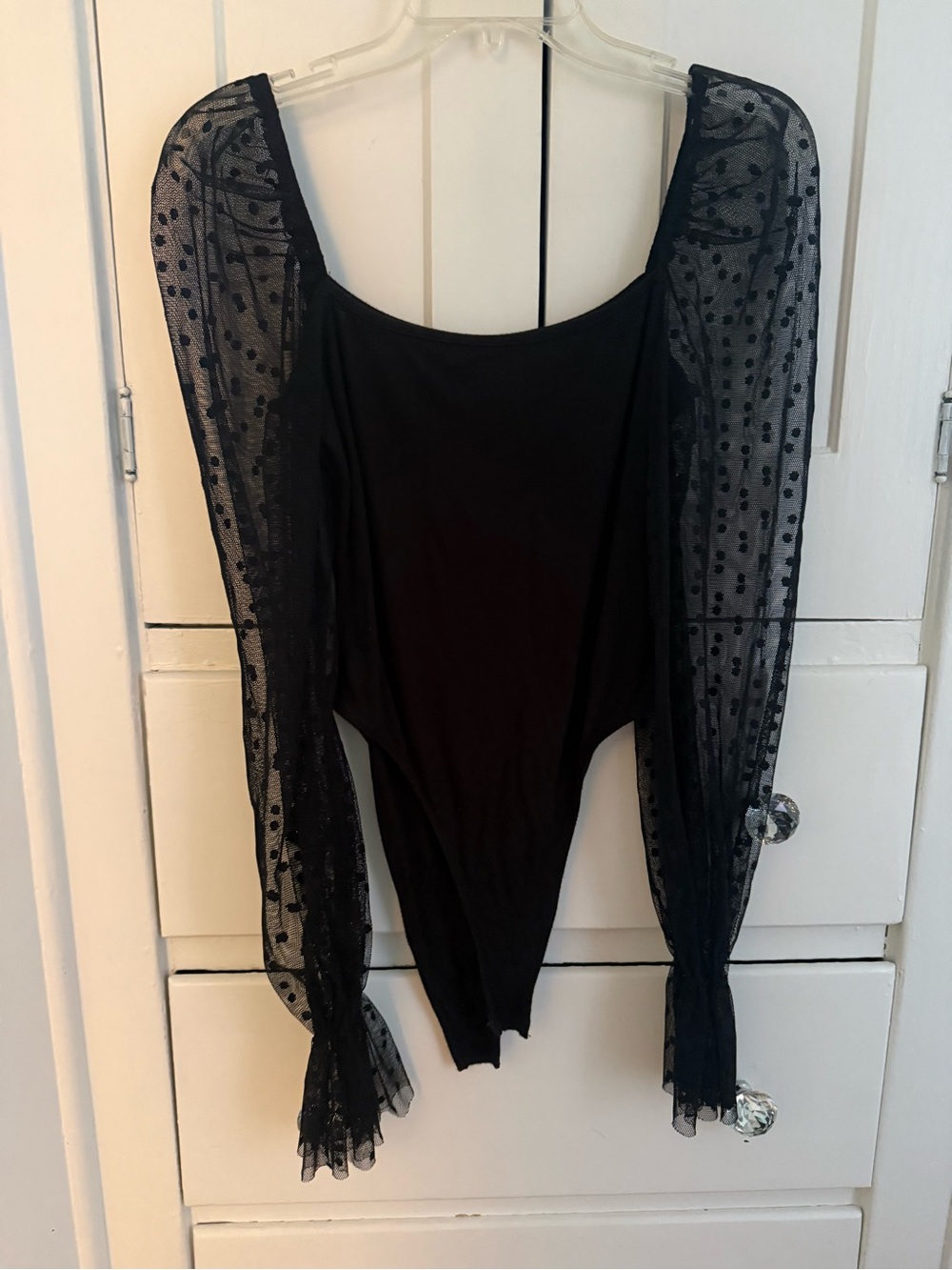 Black Sheer Dot-Sleeve Bodysuit - Women